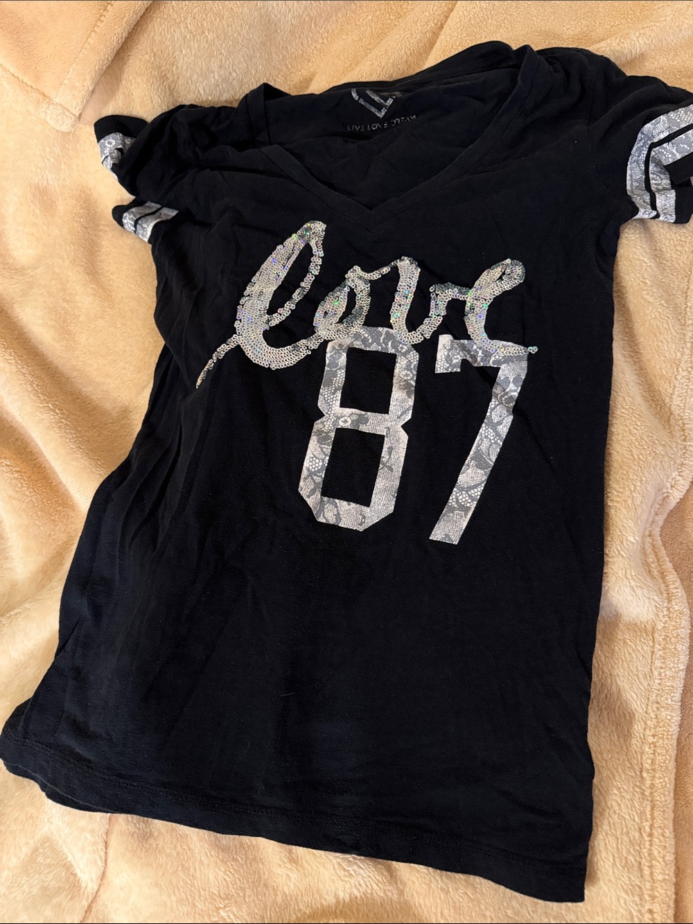 Aeropostale Black V-Neck Tee with Silver Sequin 'Love 87'